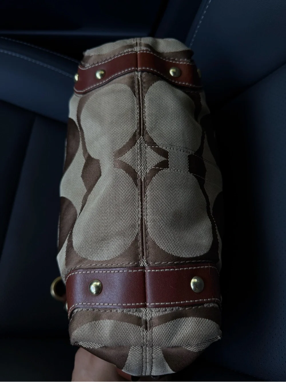 Coach Carly Signature Brown Khaki Jacquard Leather Shoulder Bag Y2K Boho